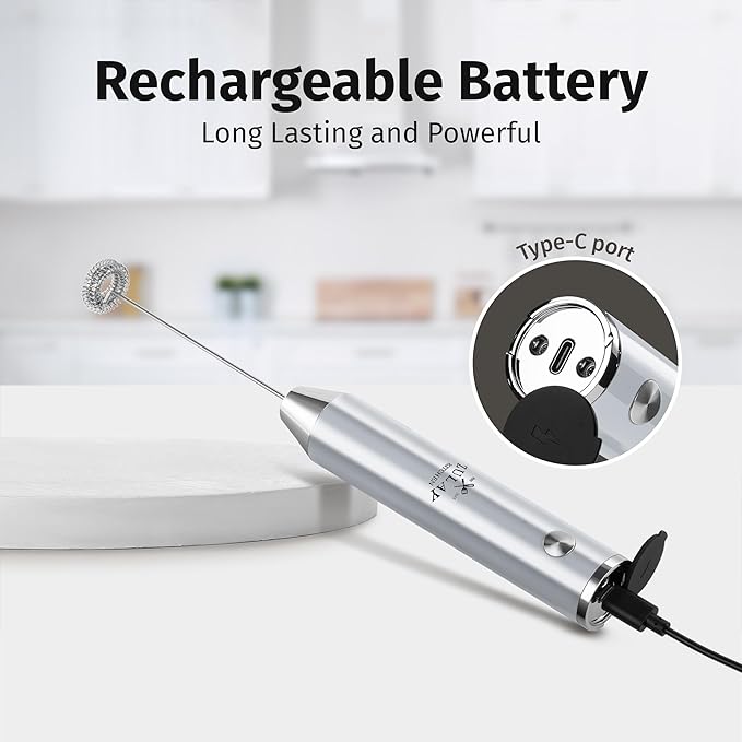 Zulay Kitchen Rechargeable Milk Frother Handheld Lux - Powerful 2-Speed Motor, Waterproof, 2000mAh Battery - Drink Mixer for Latte, Cappuccino, Matcha & Protein Powder - Pure Silver - Image 7
