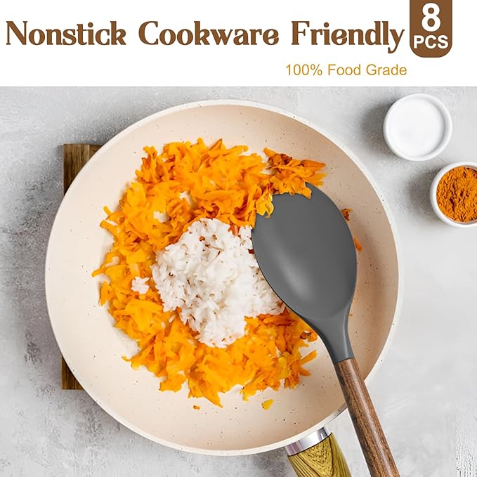 Umite Chef Silicone Cooking Utensil Set, 8-Piece Kitchen Utensils Set with Natural Acacia Wooden Handles,Food-Grade-Silicone Kitchen Gadgets and Spatula Set for Nonstick Cookware - Grey - Image 4