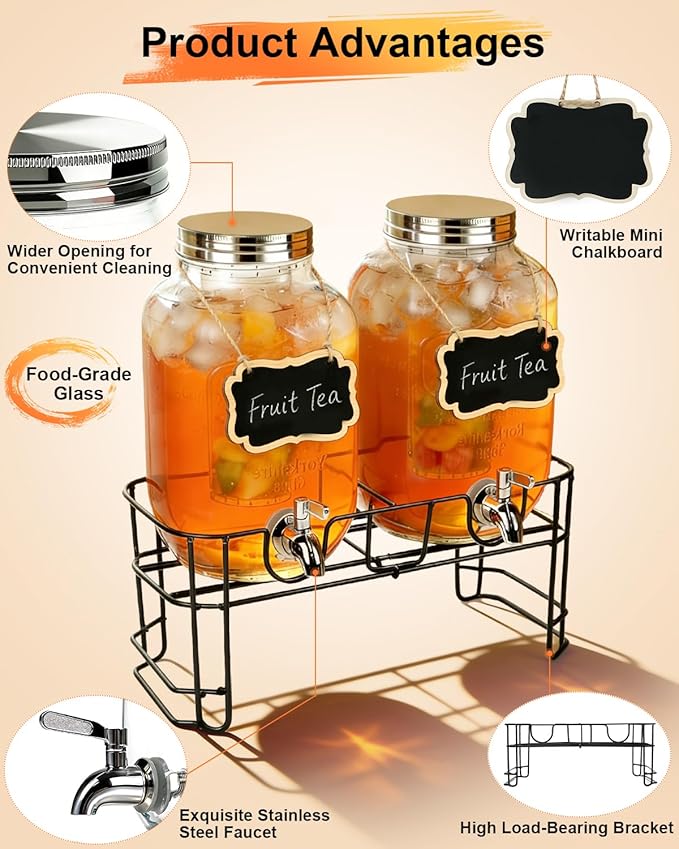 1 Gallon Drink Dispenser 2 Pack with Stand - Glass Beverage Dispenser for Parties, Juice, Water - Includes Spigot and Filter Separation and Chalkboard Labels