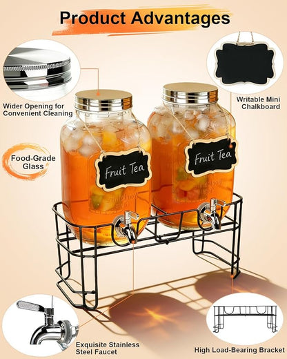 1 Gallon Drink Dispenser 2 Pack with Stand - Glass Beverage Dispenser for Parties, Juice, Water - Includes Spigot and Filter Separation and Chalkboard Labels