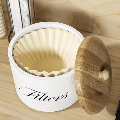Wooden Coffee Filter Holder with Lid, Basket Storage Container for Counter, Black Small Bar Accessories for Coffee Bar Station(White Wooden) - Image 4