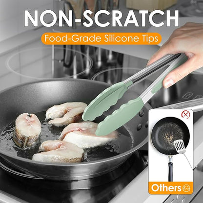 Hotec Premium Stainless Steel Locking Kitchen Tongs with Silicon Tips, Set of 2-9" and 12" Light Green - Image 6