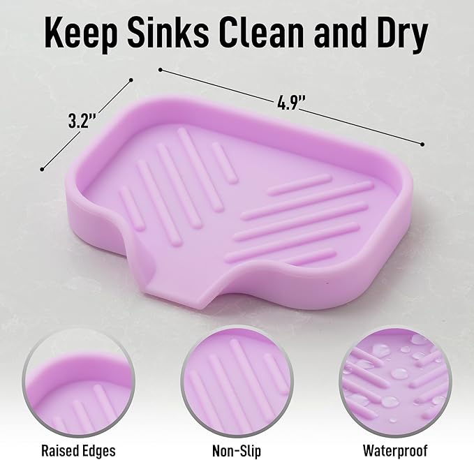 Zulay Kitchen Small Silicone Sponge Holder (4.9x3.3”) – Space-Saving Sink Organizer Tray for Sponge, Soap, Brush & More – Compact Non-Slip Dish for Kitchen & Bathroom (Lavender) - Image 3