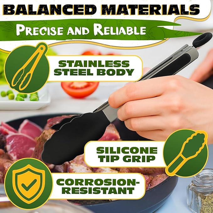 Kitchen Tongs Set of 3-7/9/12" Silicone Tipped Tongs for Cooking with Stainless Steel Build for Heat Resistant Handling, Non Stick & Easy-Lock Storage – Versatile Set for Meat Flipping & Salad Prep - Image 3