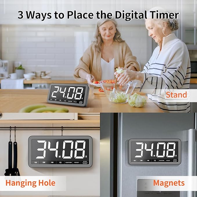 VOCOO Digital Kitchen Timer with 7.8” Extra Large Display, Magnetic LED with 3 Brightness, 4 Alarms and 3 Volume Levels, Battery Powered Countdown Count Up Timer for Cooking, Classroom, Home Gym - Image 6