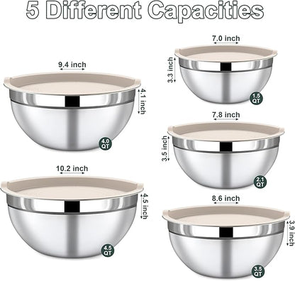 5 Piece Stainless Steel Mixing Bowls with Lids Set - Khaki Nesting Metal Mixing Bowls for Kitchen, Sizes 4.5, 4, 3.5, 2.1, 1.5 Qt for Baking, Cooking and Serving, Dishwasher Safe