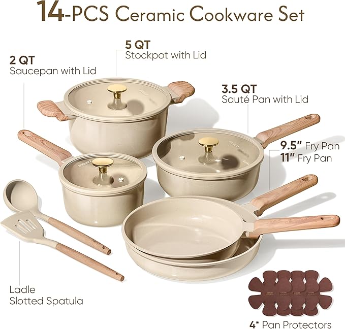 CAROTE 14Pcs Pots and Pans Set Non stick, Ceramic Cookware Set, Non-toxic Kitchen Cooking Set, PFAS and PFOA Free - Image 2