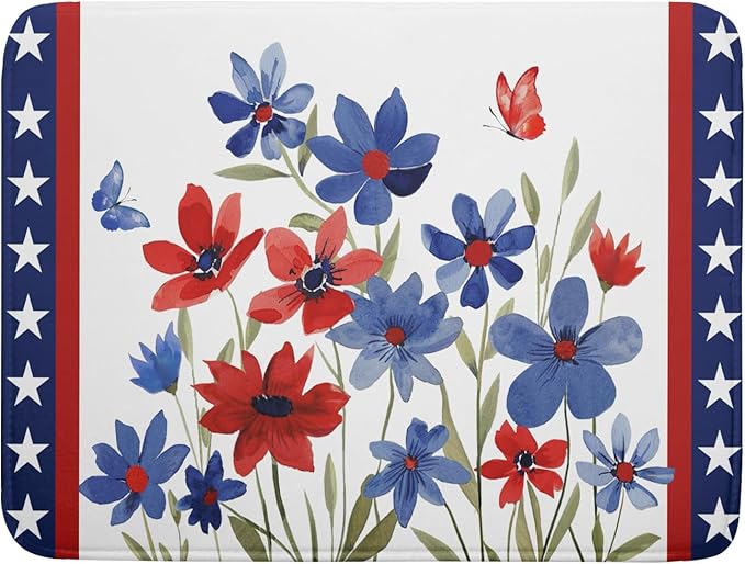 Giwawa 4th of July Flower Dish Drying Mat 18"x24" Independence Day Stars Dish Drainer Mats Watercolor Patriotic Floral Microfiber Dish Drying Rack Pad for Kitchen Countertop Large Decor