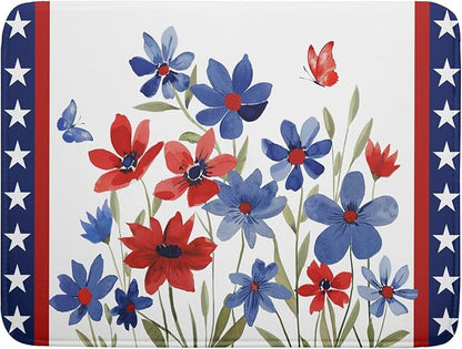 Giwawa 4th of July Flower Dish Drying Mat 18"x24" Independence Day Stars Dish Drainer Mats Watercolor Patriotic Floral Microfiber Dish Drying Rack Pad for Kitchen Countertop Large Decor