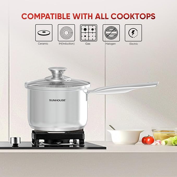 SUNHOUSE – 1.5 Quart Stainless Steel Sauce Pan with Lid - PFOA-FREE, Stainless Steel Sauce Pan, Induction base, Stay-Cool Handle, Compatible with All Cooktops Gas, Geramic, Electric etc. - Image 4