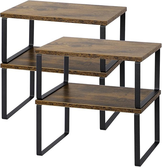 NEX Kitchen Cabinet and Counter Shelf Organizer, Shelf Riser for Pantry Countertop Cupboard Desk Top, Stackable & Expandable, Set of 4, Black and Rustic Brown by NEX