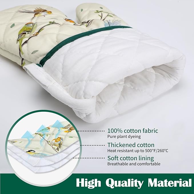 Bird Branch Oven Mitts and Pot Holders Sets 4Pcs, 100% Cotton Heat Resistant, Extra Long Oven Gloves Potholder for Kitchen Cooking Baking Decoration, Housewarming Gifts for Mom - Image 2