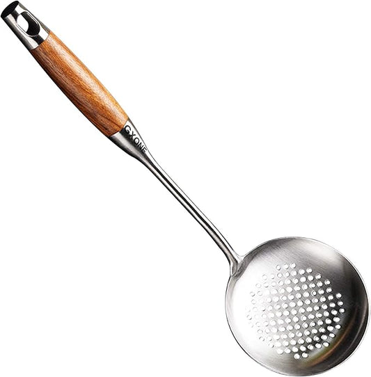 Slotted Spoon,304 Stainless Steel Skimmer Spoon with Heat Resistant Wooden Handle,Silver/15.8Inch by GXONEHomeKitchen