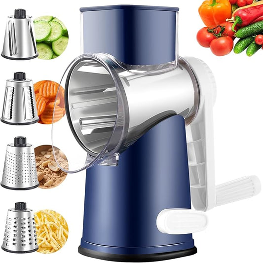 Weltonhm Rotary Cheese Grater with 4 Blades, Large Hand Crank Cheese Grater with Waffle Slicer, Blue Cheese Shredder with Suction Base, Easier for Shredding& Grating (Blue, 4 Graters)