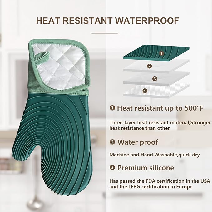 Silicone Oven Mitts-13.6 in Extended Oven Mitts Heat Resistant 500F, Oven Gloves with Soft Liner Good Grippy BPA-Free Easy to Clean Flexible-Oven Mits Set for Cooking Baking Grilling BBQ - Image 3