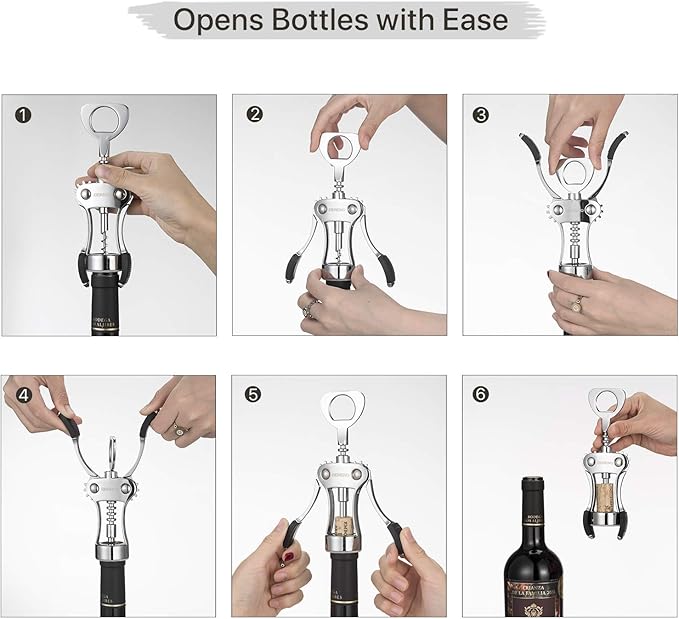 Beneno Wine Opener with Stainless Steel Wine Foil Cutter - Bottle Top Seal Cutter, Zinc Alloy Premium Wing Corkscrew with Multifunctional Bottles Opener, Ash silver - Image 5