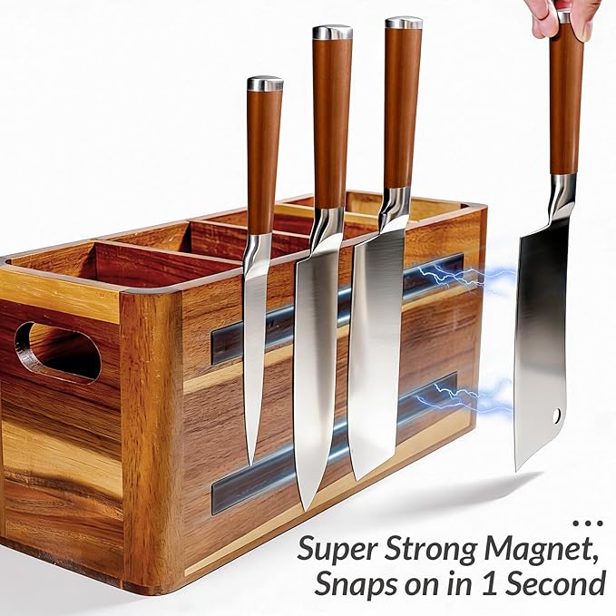 Wooden Kitchen Utensil Holder Organizer for Counter or Countertop, Large Wooden Utensil Holder 4 Compartment, Acacia Wood Container Extra Large.with Strong Magnets Multifunctional Storage Knife Holder - Image 7