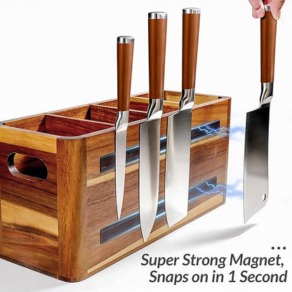 Wooden Kitchen Utensil Holder Organizer for Counter or Countertop, Large Wooden Utensil Holder 4 Compartment, Acacia Wood Container Extra Large.with Strong Magnets Multifunctional Storage Knife Holder - Image 7