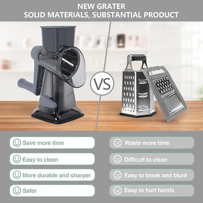 Rotary Cheese Grater with Handle-Versatile Cheese Grater Non-Slip Suction Base,Cheese Shredder & Food Slicer for Cheese,Carrots, Cucumbers,Nuts-Compact & Easy Clean Kitchen Kitchen Tool (Gray)