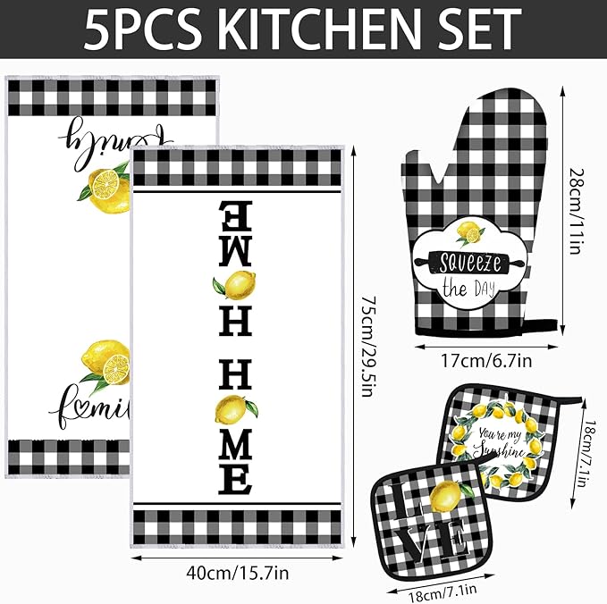 5 Pieces Buffalo Plaid Kitchen Towels Oven Mitts and Pot Holder Set Black and White Kitchen Towels Oven Gloves, Hot Pads Pot Holders for Farm House Accessories Decor(Lemon) - Image 2