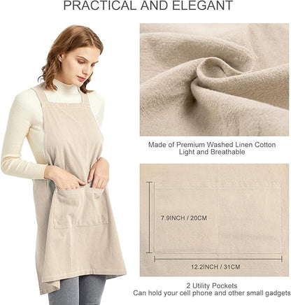 ELEZAY Aprons for Women with Pockets Plus Size Comfort Cross Back No Tie Cotton Linen Apron Pinafore