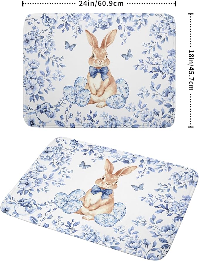 Easter Large Dish Drying Mat Blue Flower Rabbit Holiday Decorative Kitchen Countertop Mats 18x24 - Image 2