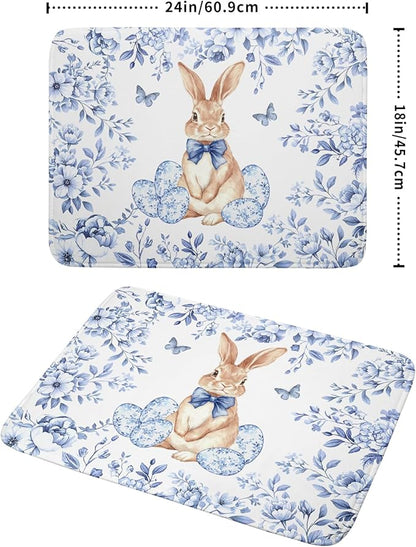Easter Large Dish Drying Mat Blue Flower Rabbit Holiday Decorative Kitchen Countertop Mats 18x24 - Image 2