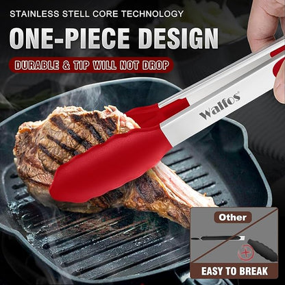 Walfos Kitchen Tongs - 7" 9" and 12" Heat Resistant Cooking Tongs, Stainless Steel and BPA Free Silicone Tips, Great for Cooking, Salad, Grilling, Turning, Dishwasher safe,set of 3 - Image 2