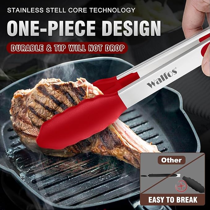 Walfos Silicone Tongs for Cooking - Heat Resistant kitchen tongs for Salad,Cooking, Grilling,Stainless Steel and BPA Free Silicone Tips set of 3 (7" 9" and 12 inch) - Image 2