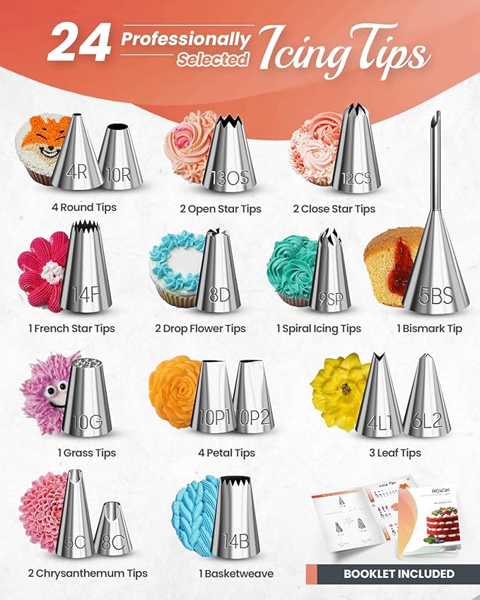 RFAQK 700PCs Cake Decorating Kit with Baking Supplies - Cake Turntable for Decorating with Baking Pans, Leveler, 24 Numbered Piping Tips, 2 Spatulas, Fondant Tools, Video Course, Pattern Chart & More - Image 3