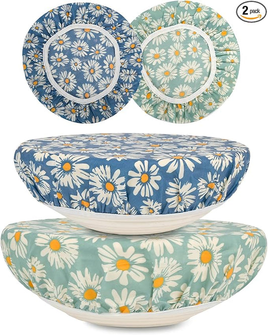 Reusable Bowl Covers for Bread Proofing（2 Large）- Cotton Beeswax Bowl Covers Reusable with Elastic Rim, Sourdough Bowl Cover for Food Storage and Food Preservation (10INCH) (daisy)