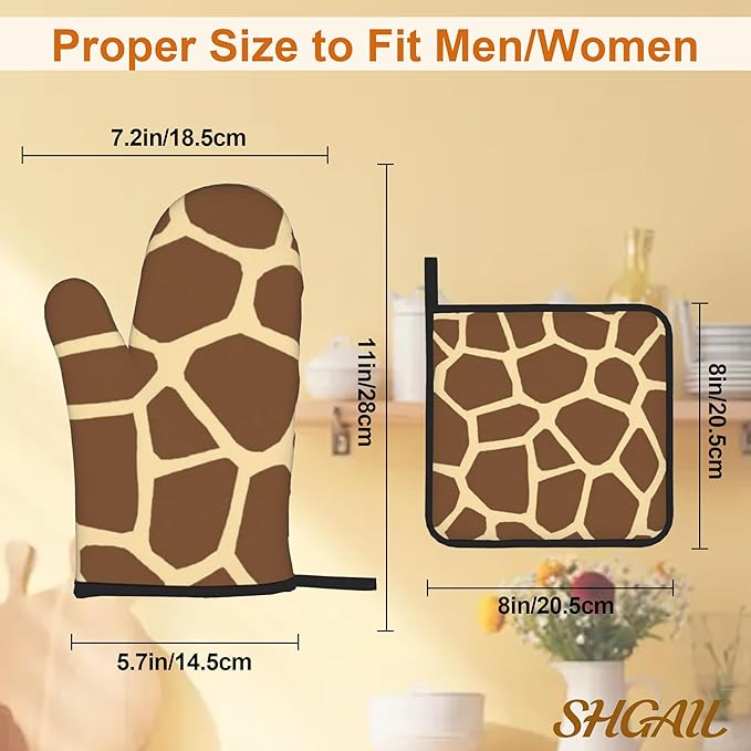 Giraffe Oven Mitts with Matching Potholders - Heat Resistant Kitchen Accessories for Baking, Grilling, Cooking, Gifts for Women