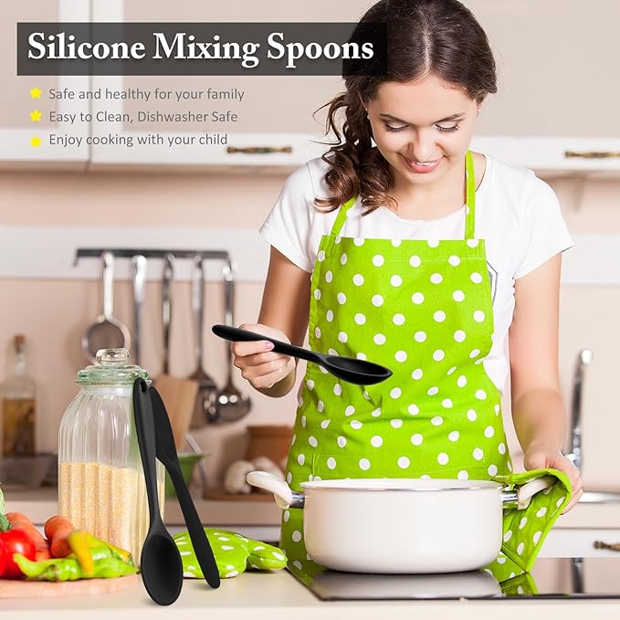 Shappy 4 Pieces Silicone Cooking Spoons 10.6 Inch Heat Resistant Kitchen Spoons for Mixing, Serving and Stirring Upgrade Large Non Stick Basting Utensils, Dishwasher Safe(Spoon,Black) - Image 5