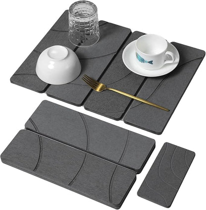 Small Stone Dish Drying Mat for Kitchen Counter, 2 PCS 16"×12" & 8"x4" Quick Dry Stone Mats, Foldable Water Absorbing Diatomite Drying Dish Pad for Countertop Bottles Utensils Cups(Carved Gray) by linidcoudhome