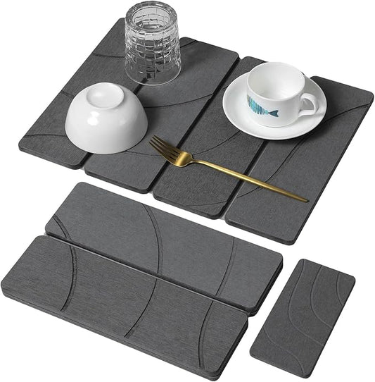Small Stone Dish Drying Mat for Kitchen Counter, 2 PCS 16"×12" & 8"x4" Quick Dry Stone Mats, Foldable Water Absorbing Diatomite Drying Dish Pad for Countertop Bottles Utensils Cups(Carved Gray) by linidcoudhome