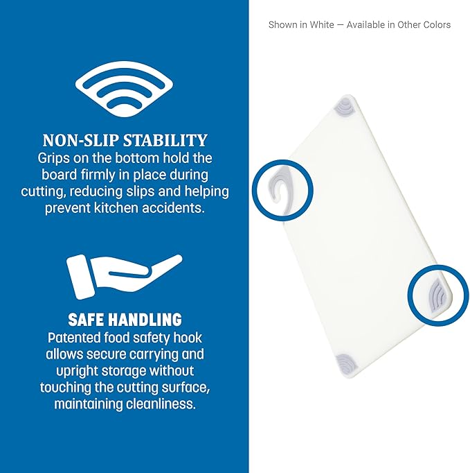 San Jamar Saf-T-Grip Plastic Cutting Board with Safety Hook, 12" x 18" x 0.5", Blue