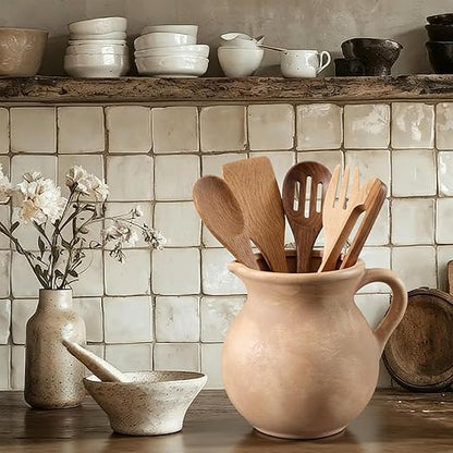 Potchen Rustic Kitchen Utensil Holder with Handle,7.48" H Ceramic Vintage Utensil Crock for Countertop, Farmhouse Kitchen Decoration Ceramic Pot for Spatulas Spoons Tongs(Classic,Antique Beige) - Image 7