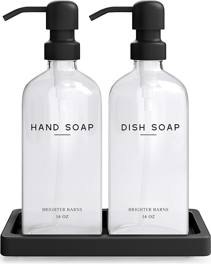 Glass Hand and Dish Soap Dispenser Set by Brighter Barns - Kitchen Soap Dispenser Set with Tray, Stainless Steel Pump - Glass Bottles for Sink - Black Kitchen Accessories for Home, Hotel, Gift (Clear) by BrighterBarns