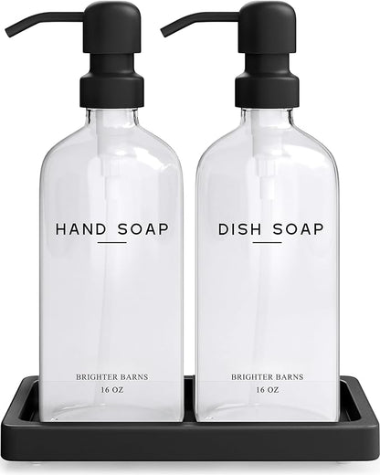 Glass Hand and Dish Soap Dispenser Set by Brighter Barns - Kitchen Soap Dispenser Set with Tray, Stainless Steel Pump - Glass Bottles for Sink - Black Kitchen Accessories for Home, Hotel, Gift (Clear) by BrighterBarns