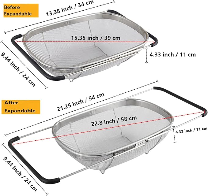 Over The Sink Stainless Steel Oval Colander with Expandable Rubber Grip Handles Strainers, Fine Mesh Strainer Basket Kitchen 6 Quarts Colander for Strain, Drain, Rinse Fruits, Vegetables - Image 3