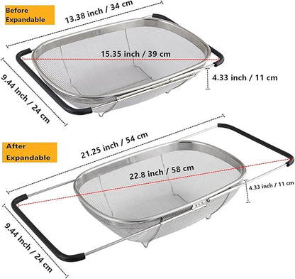 Over The Sink Stainless Steel Oval Colander with Expandable Rubber Grip Handles Strainers, Fine Mesh Strainer Basket Kitchen 6 Quarts Colander for Strain, Drain, Rinse Fruits, Vegetables - Image 3
