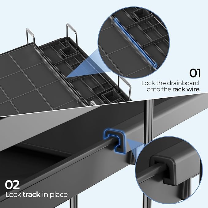 Large Dish Drying Rack, Expandable Dish Rack for Kitchen Counter, Dish Drainer with Drainboard Set, Multifunctional Dishrack with Utensil & Cup Holder, 13.4"-28.7" L x 11.8" W x 7.8" H, Black - Image 9