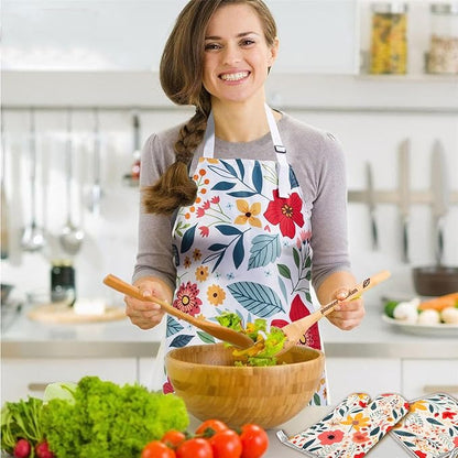 8 Pcs Kitchen Stuff Accessories Include 5 Cute Wooden Spoons & 1 Floral Kitchen Oven Mitts & 1 Pot Holders & 1 Kitchen Apron,Gifts for Women