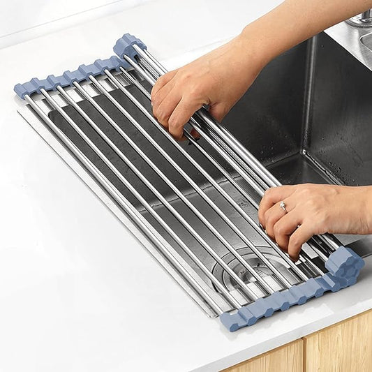 MECHEER Over The Sink Dish Drying Rack, Roll Up Dish Drying Rack Kitchen Dishes Rack Stainless Steel Sink Drying Racks, Foldable Dishes Drainer, Gray (17.5''x15.7'') by MECHEER