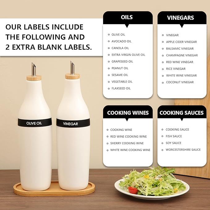 HOMCDALY Olive Oil and Vinegar Dispenser Set, Two 16oz Ceramic Oil Dispenser for Kitchen, Kitchen Dispenser Bottle for EVOO Vinegar Syrups, Modern Farmhouse Design| Set of 2 – white - Image 6