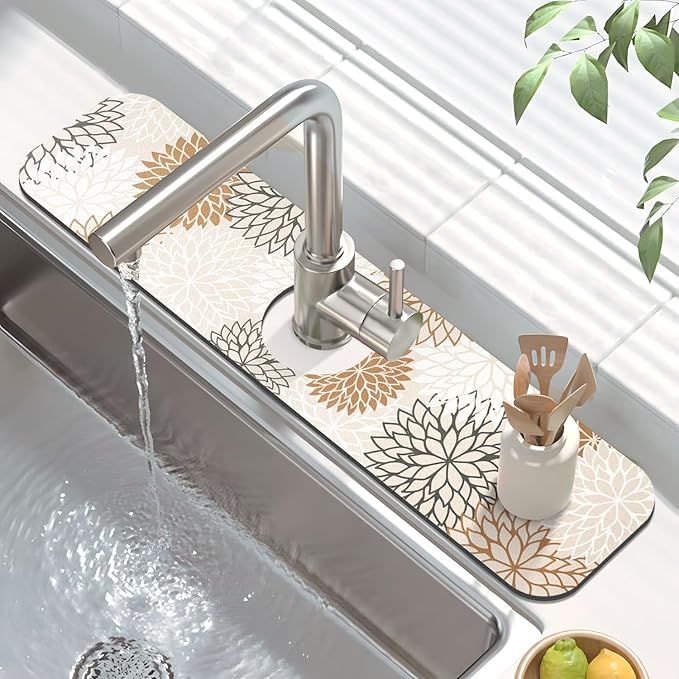 Findosom 2PCS 12" x 20" Dish Drying Mat & 24" x 5.5" Sink Splash Guard, Super Absorbent & Cuttable Dish Mat Drying Kitchen Mat with Brown Floral, Hide Stain Drying Mat for Kitchen Counter - Image 4