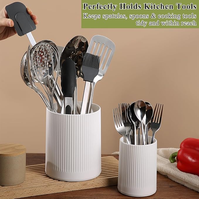 HOMQUEN 360° Rotating Utensil Holder, 6.3''+4.7'' Plastic Kitchen Utensil Holder for Countertop, Large Cooking Utensil Crocks for Kitchen Decor, Utensil Organizer for Spatula, Set of 2 (White) - Image 5