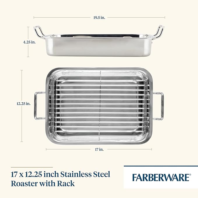Farberware Classic Traditions Stainless Steel Roaster/Roasting Pan with Rack, 17 Inch x 12.25 Inch - Image 2