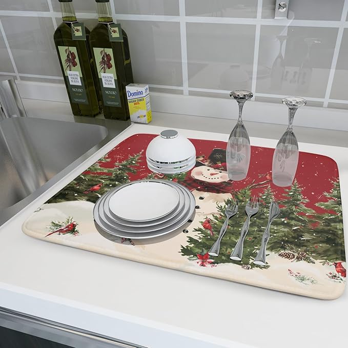 Christmas Snowman Dish Drying Mat for Kitchen Counter 18x24 Inch Watercolor Xmas Tree Bird Print Absorbent Reversible Microfiber Drying Mats Kitchen Countertop Protector Dishes Drainer Rack Pad - Image 6