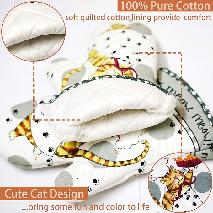 Oven Mitts and Pot Holders Sets, Funny Kitchen Oven Mitts Heat Resistant of 500 Degrees, Pure Cotton Hot Pads and Oven Mitts Sets for Baking,Cooking,BBQ Grilling-White Cat(4Pcs Set)